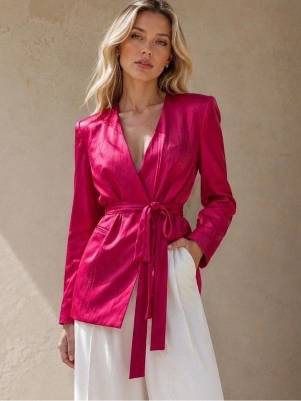 Zara Women's Fuchsia Satin Wrap Blazer Jacket